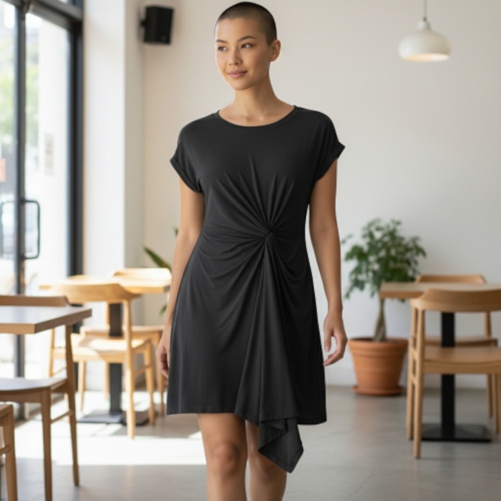Reaction Kenneth Cole Black Twist Front Midi‎ Dress Women's Size M Cap Sleeve